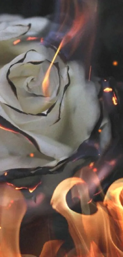 Elegant image of a white rose engulfed in flames.