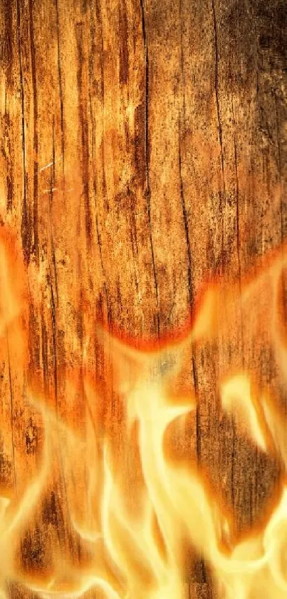 Vivid flames dancing on a wooden background, creating a fiery mobile wallpaper.