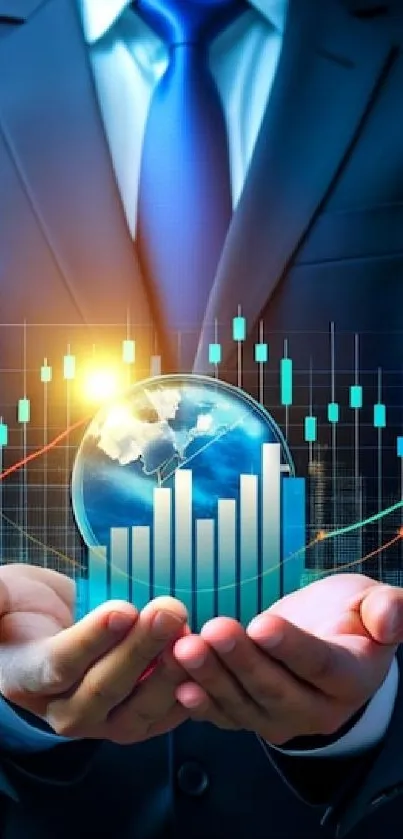 Hands holding globe with business graphs.