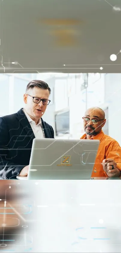 Business professionals collaborating on a laptop, highlighting modern technology.