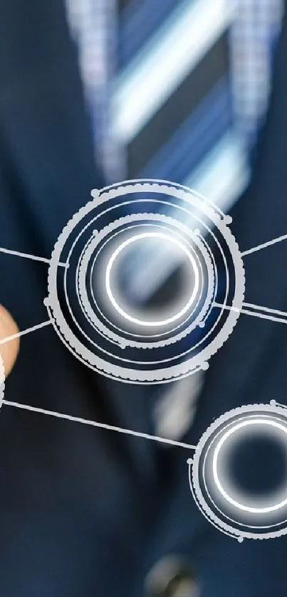 A professional points at a digital network on a blue-toned wallpaper.