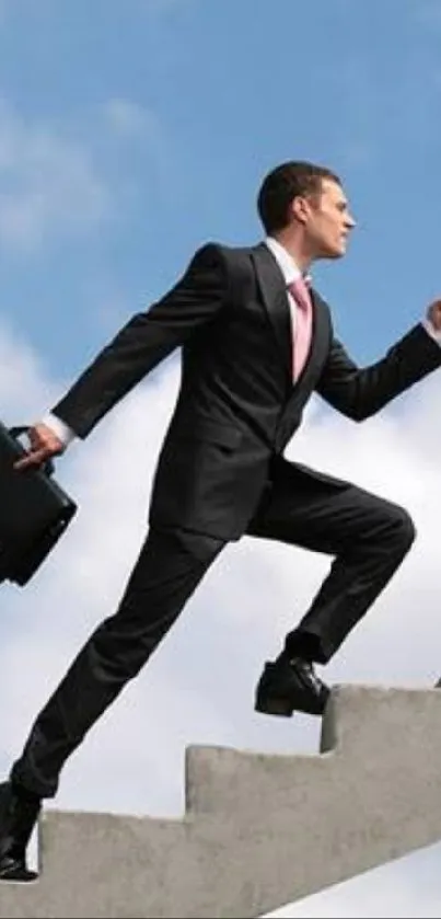 Businessman in suit climbing stairs with blue sky.