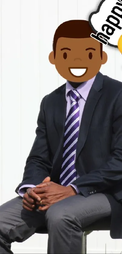 Man in suit with emoji face on white background.