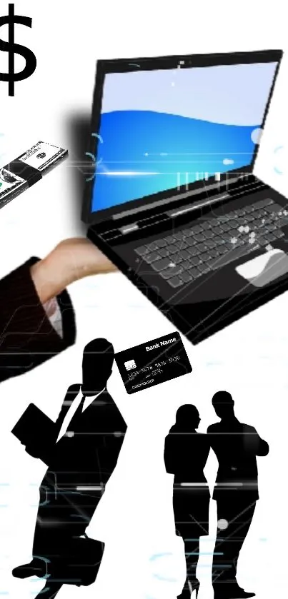 Digital art with business and tech symbols, including laptop and silhouettes.