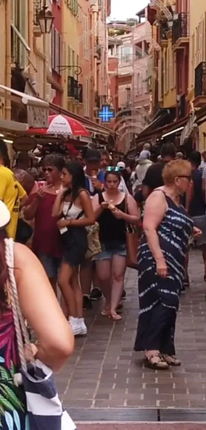 Bustling city street with vibrant crowds and colorful buildings.