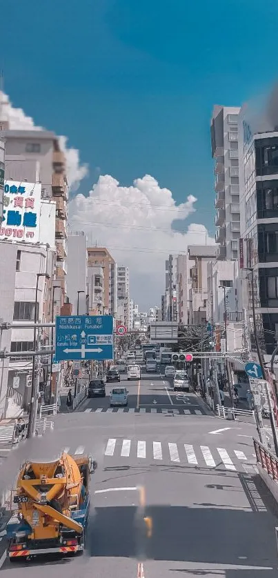 Bustling city street with blue sky and vibrant urban details.