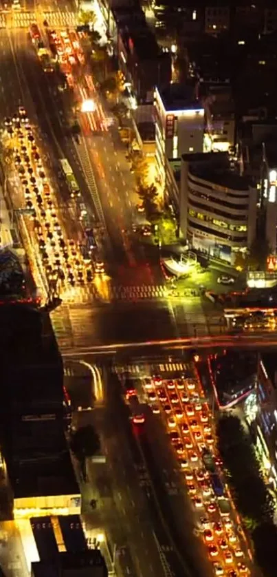 Cityscape with vibrant night traffic lights and illuminated streets.