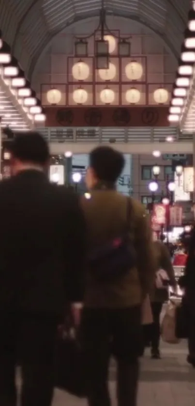 Bustling market scene with people walking under warm lights.