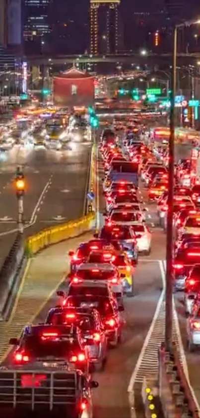 Vibrant city traffic at night with red taillights on a busy road.