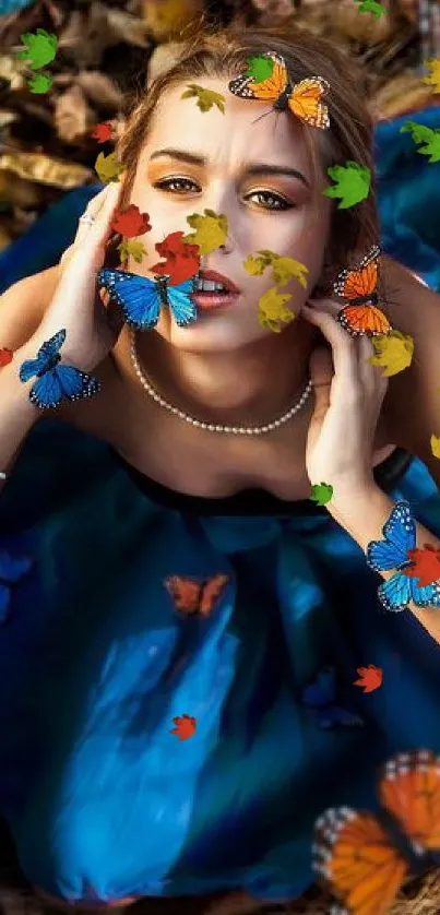 Woman with butterflies in blue dress amidst autumn leaves.