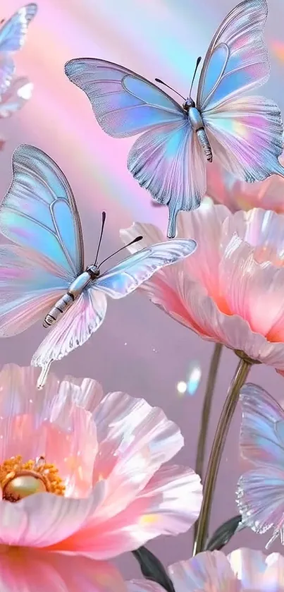 Pastel butterflies flutter among blooming flowers in a whimsical scene.