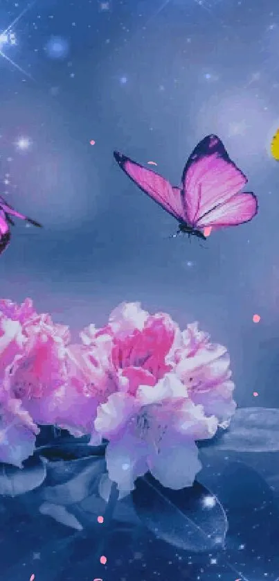 Enchanting wallpaper with butterflies and pink flowers on a starry blue background.