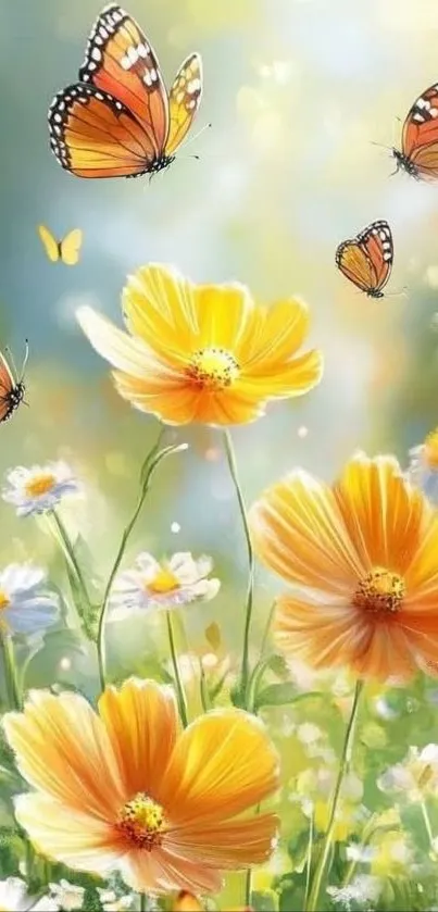 Colorful butterflies flying above orange and white flowers in bloom.