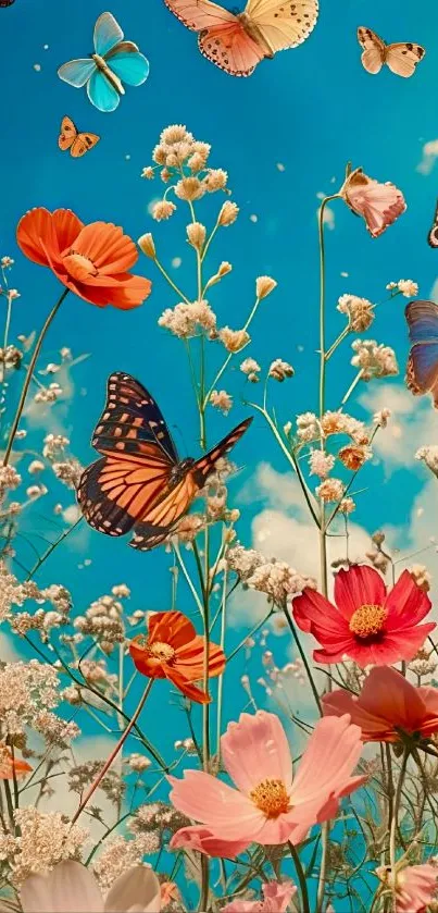 Vibrant wallpaper with butterflies and flowers against a blue sky.