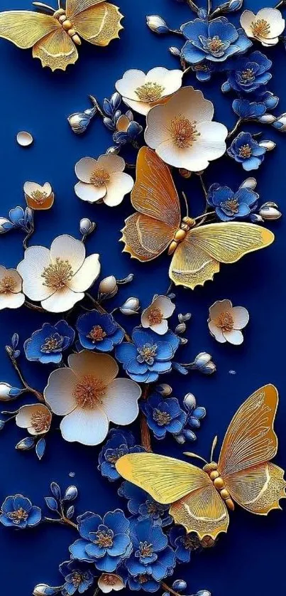 Butterflies and blossoms on a blue background.