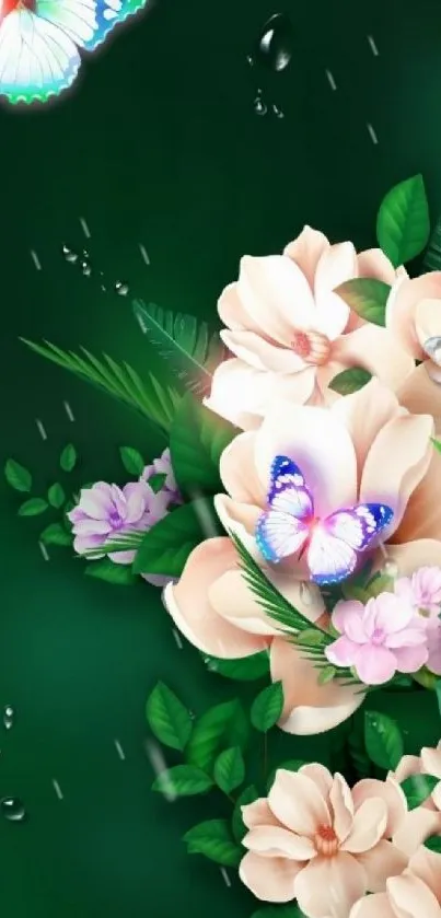 Mobile wallpaper with butterflies, flowers on dark green background.