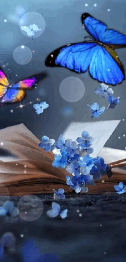 Colorful butterflies hover over an open book on a serene blue-themed wallpaper.