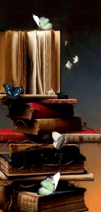 Stacked vintage books with butterflies on a dark background.