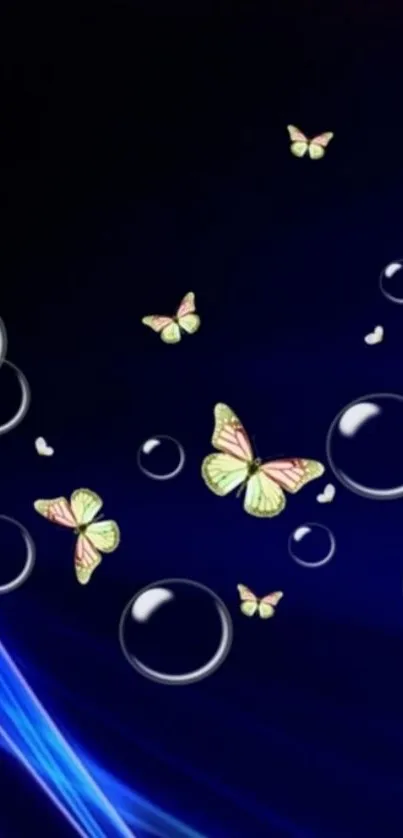 Dark blue wallpaper with butterflies and bubbles