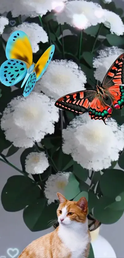 Mobile wallpaper with butterflies, a cat, and white flowers.