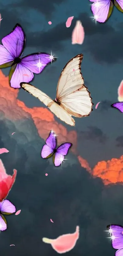 Mobile wallpaper with butterflies and clouds, accented by pink petals.