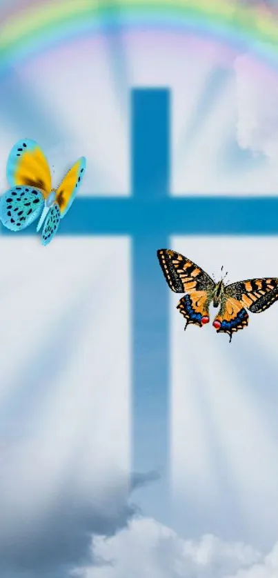 Blue cross with butterflies against a sky and rainbow background wallpaper.