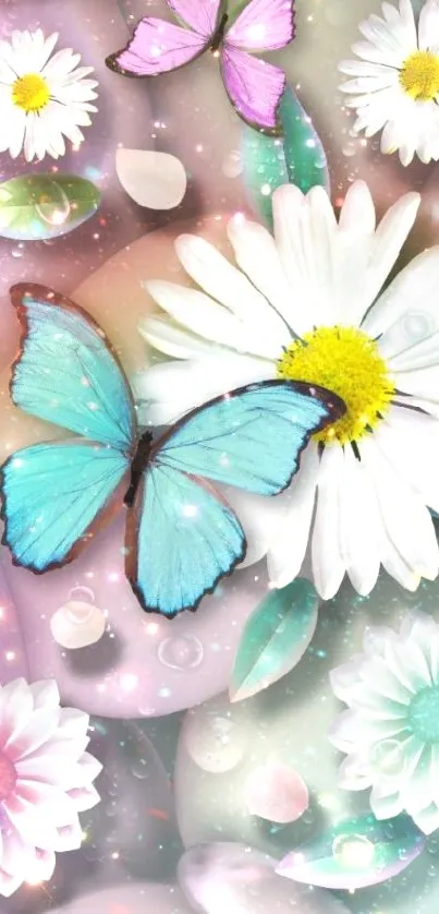 Mobile wallpaper with blue butterflies and pastel daisies.