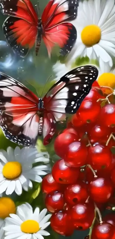 Vibrant wallpaper with butterflies, daisies, and berries