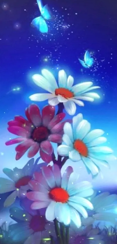 Glowing daisies with butterflies under a vibrant blue sky.