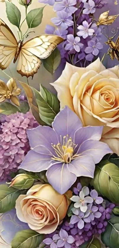 Butterflies fluttering over pastel flowers in elegant design.