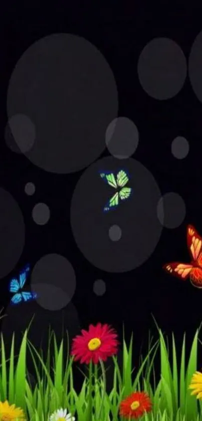 Colorful butterflies and flowers on a black background wallpaper.