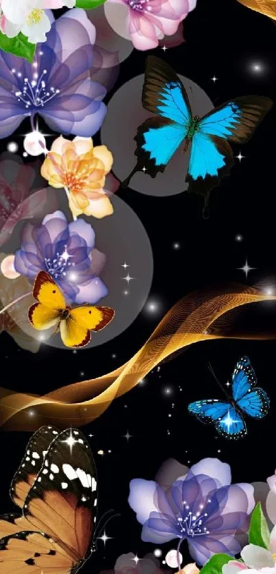 Vibrant butterflies and flowers on a dark mobile wallpaper.