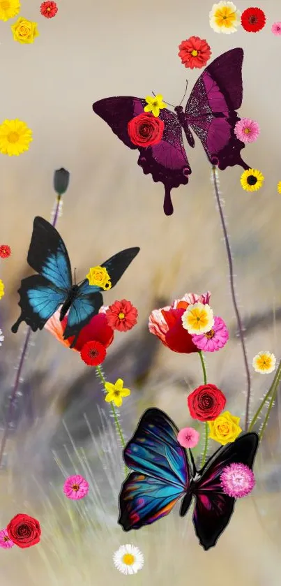 Colorful butterflies with flowers on a beige background.