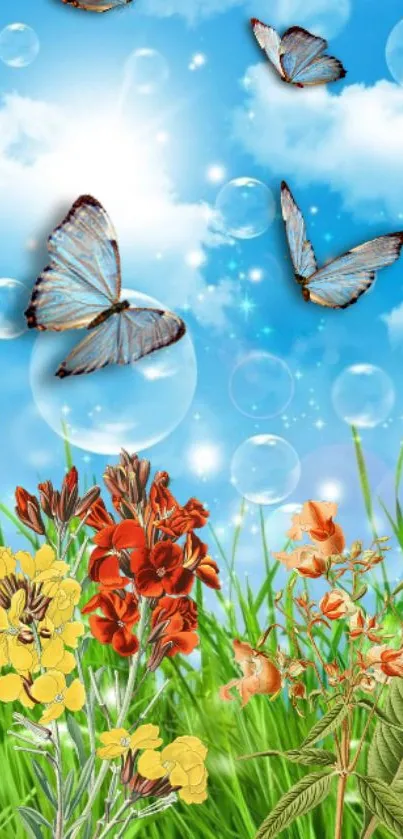 Mobile wallpaper with butterflies and colorful flowers under a bright blue sky.