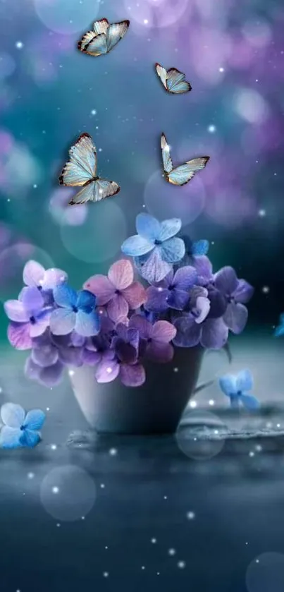 Purple flowers and butterflies against a soft bokeh background.