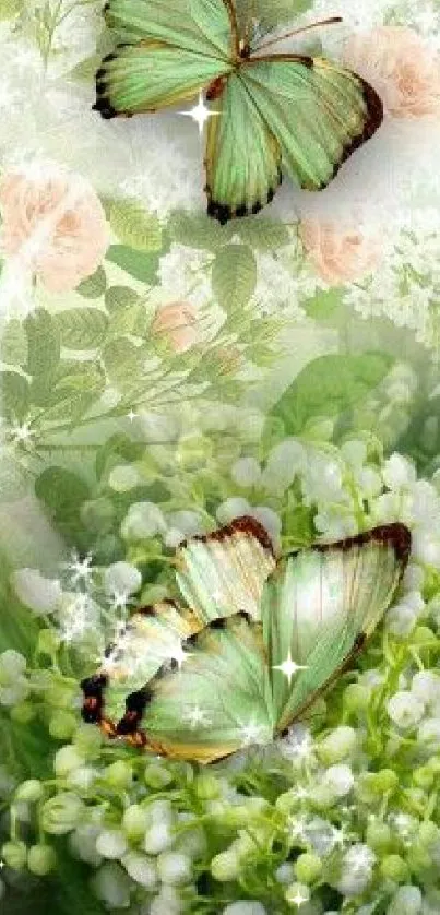 Mint green butterflies on floral background wallpaper.