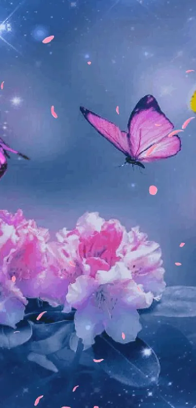 Vibrant butterflies with pink flowers on a starry blue background.