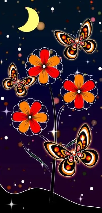 Mobile wallpaper with butterflies and flowers under a neon night sky.