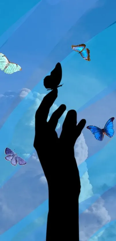 Hand silhouette with colorful butterflies against a sky blue background.