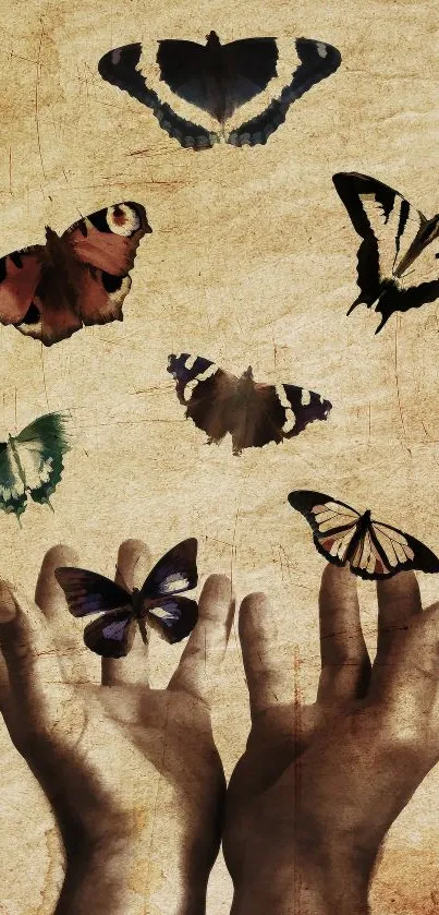 Artistic hands releasing butterflies on rustic background.