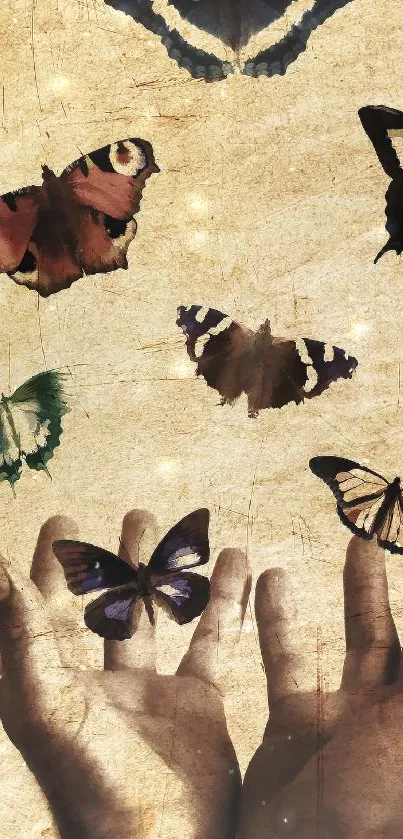 Hands releasing butterflies on textured background.