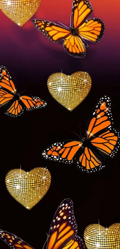 Mobile wallpaper with orange butterflies and sparkling disco hearts.