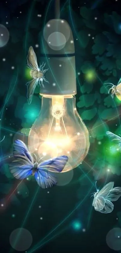 Mobile wallpaper of glowing butterflies around a light bulb in a dark forest.