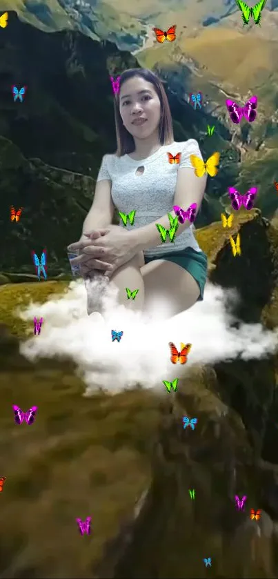 Woman on a cloud with butterflies in mountain landscape.