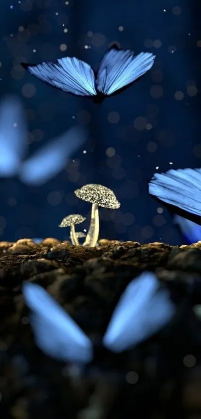 Blue butterflies flutter over glowing mushrooms in a dark, mystical setting.