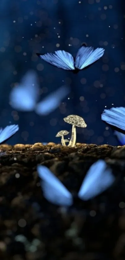 Blue butterflies and luminous mushrooms in a dark forest setting.