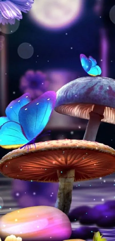 Fantasy scene with butterflies on mushrooms and surrounding flowers.