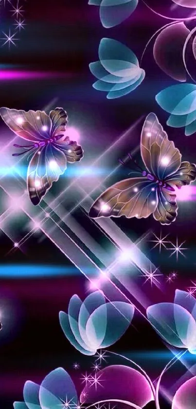 Neon butterflies and flowers on dark background.