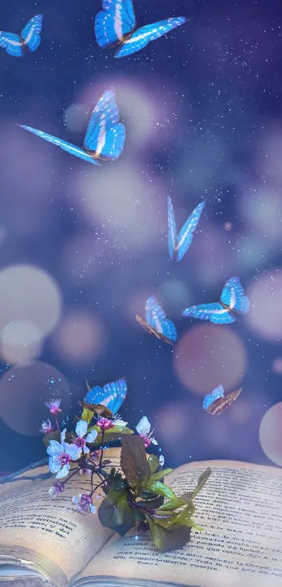 Blue butterflies over an open book with a starry, dreamy background.