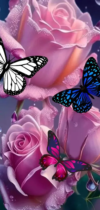 Mobile wallpaper of pink roses with butterflies.